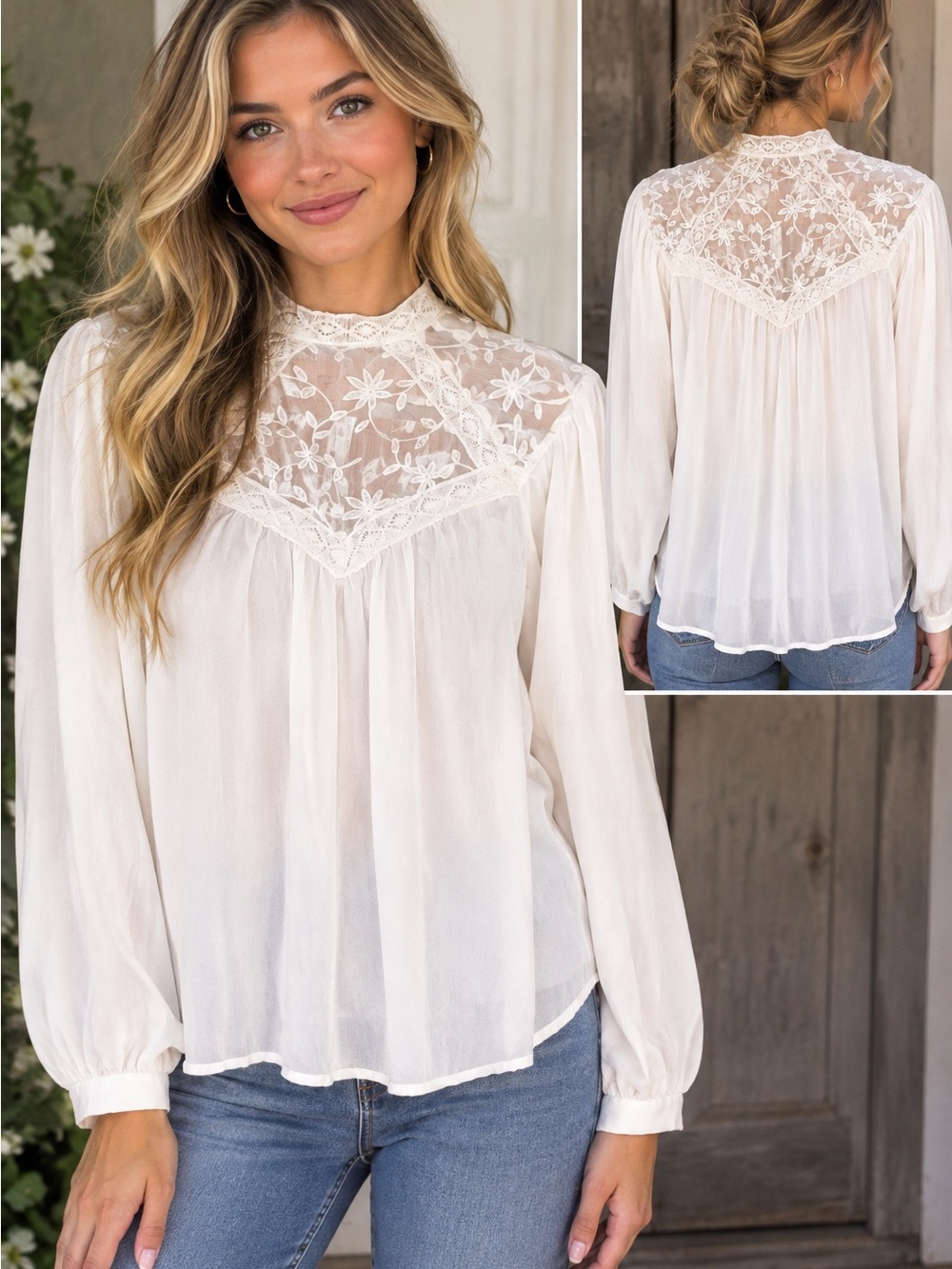 Eilly Bazar White Lace Yoke Boho Blouse Romantic Victorian Peasant Size M